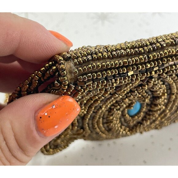 Vintage 50s bronze beaded wristlet, small clutch purse, with turquoise inserts - Picture 9 of 9
